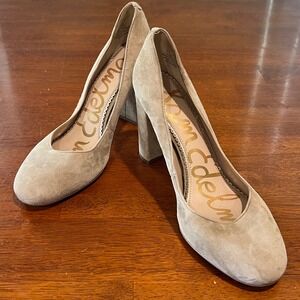 Sam Edelman Suede Block Heel Pumps Shoes Women's Size 7.5 Taupe Neutral